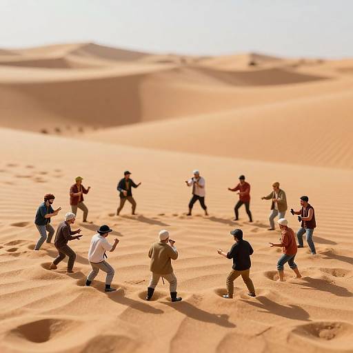 Photograph of small figurines in various clothing styles, standing and posing in an expansive, sunlit desert with rippled sand dunes.
