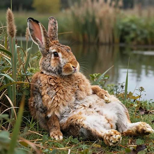Photograph of a fluffy brown and white rabbit with upright ears, lounging on grass by a serene pond, surrounded by tall reeds and greenery