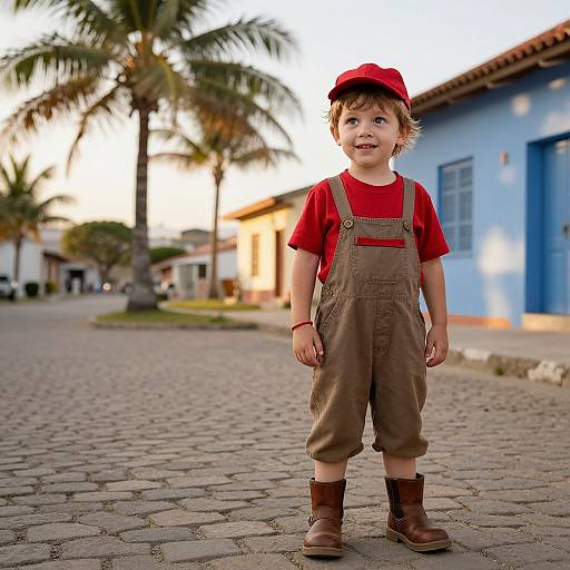Photograph of a young boy with curly brown hair, wearing a red shirt, brown overalls, red cap, and brown boots, standing on a