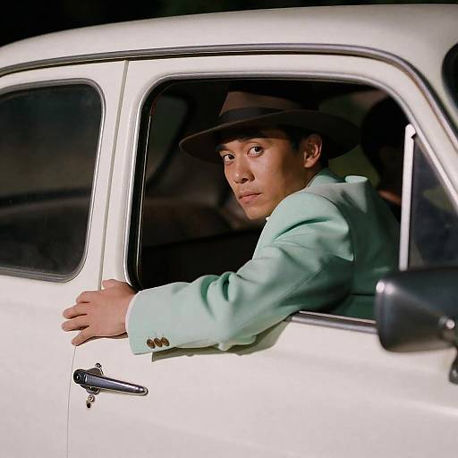 Man in Light Green Suit Leaning Out Vintage Car Window