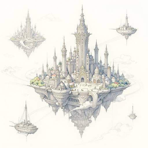 Digital illustration of a floating, elaborate castle with multiple spires, surrounded by smaller floating structures, featuring detailed architecture and vibrant greenery.