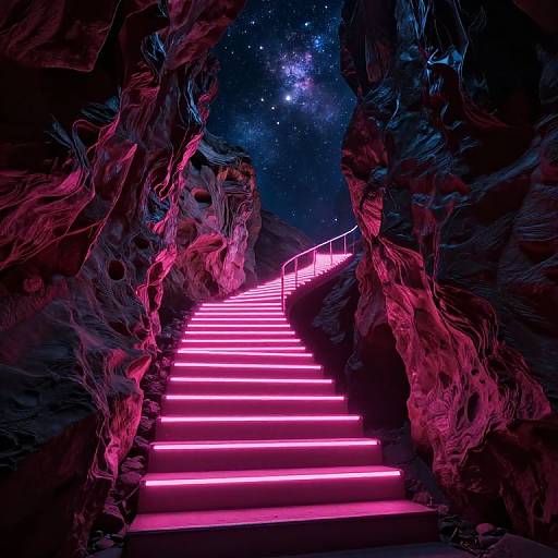 Photograph of a neon-lit, pink glowing staircase ascending through a rocky, starry night cave with cosmic galaxy backdrop.