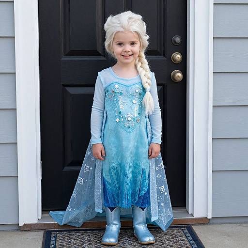 Photograph of a young blonde girl with a braid, wearing a light blue Elsa dress and boots, standing in front of a black door with white