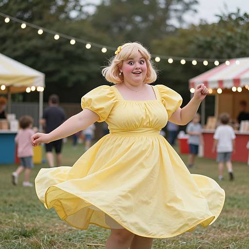 Photograph of a happy, blonde woman in a yellow, puffed-sleeve dress, dancing outdoors at a festive fair with string lights.