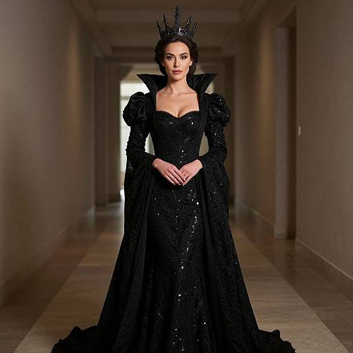 Photograph of a pale-skinned woman in a black, sequined, Victorian-style gown with puffed shoulders, wearing a spiked crown, standing in