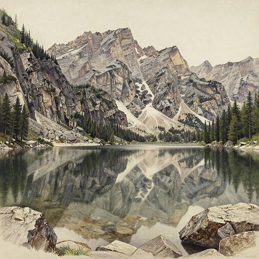 Serene Realistic Mountain Lake Drawing