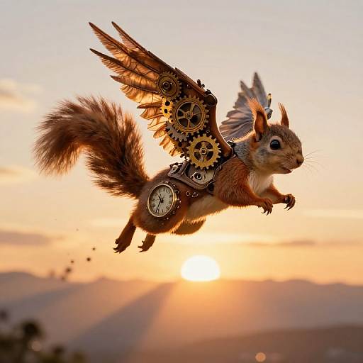 Steampunk Clockwork Squirrel in Sunrise
