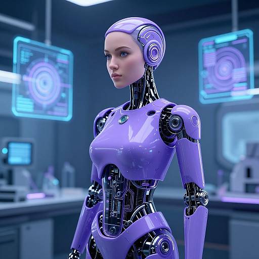 CGI image of a sleek, purple robotic woman with a human-like face, standing in a futuristic laboratory with glowing blue screens.