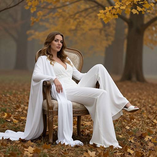 Photograph of a brunette woman in a white, flowing dress and robe, seated on an antique chair in a foggy autumn forest with yellow leaves.