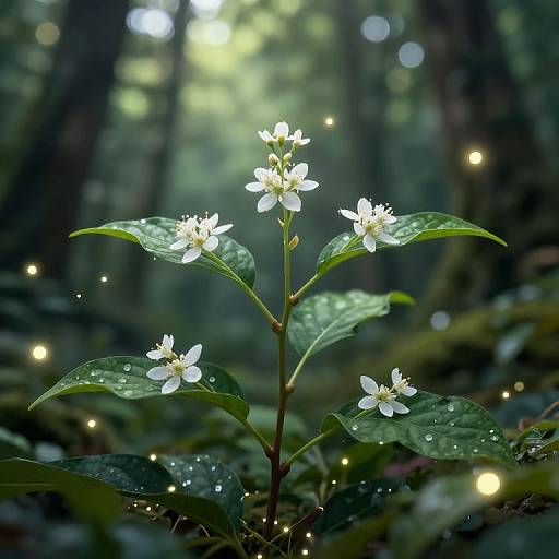 Photograph of delicate white wildflowers with dewy green leaves in a mystical forest, illuminated by soft, glowing fireflies.