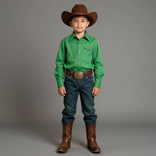 Photograph of a young boy in a green shirt, brown cowboy hat, blue jeans, brown belt with silver buckle, and brown boots, standing against