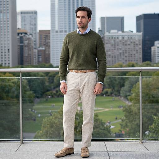 Photograph of a bearded man with short dark hair, wearing a green sweater, white pants, and tan shoes, standing on a balcony overlooking a