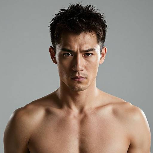 Photograph of a shirtless, muscular young Asian man with short, spiky black hair and serious expression, against a plain gray background.