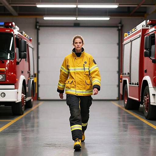 Female Firefighter Walking in Fire Station Garage