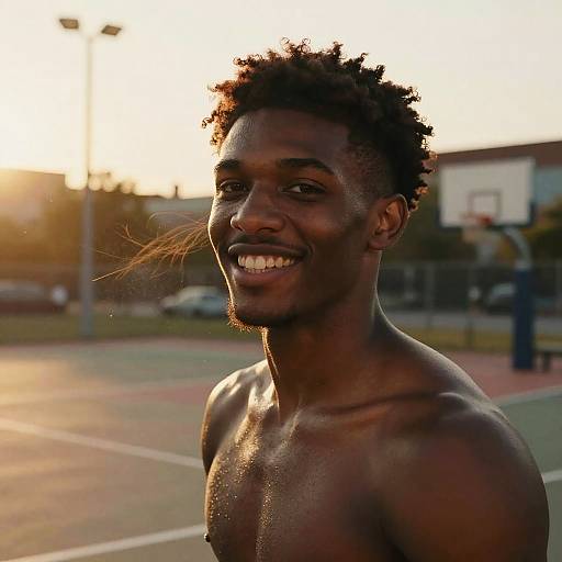 Photograph of a smiling, shirtless, dark-skinned, young African man with short, curly hair, standing on an outdoor basketball court at sunset