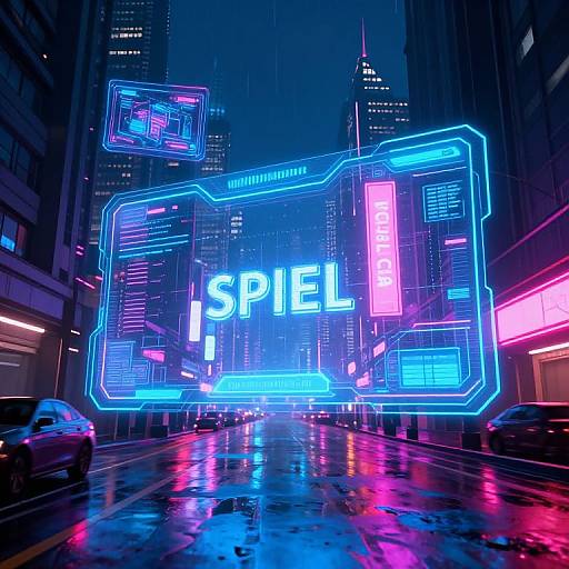 Neon-lit city street at night, with a massive blue and pink neon 