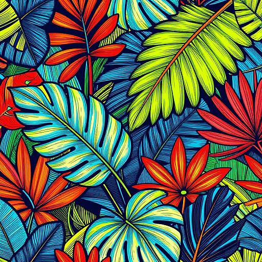 Vibrant digital illustration of colorful tropical leaves in red, yellow, blue, and green, with bold outlines and intricate patterns.