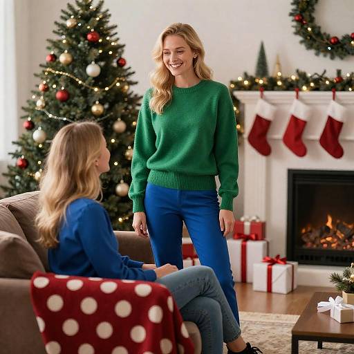 Two Women Enjoying Christmas in Festive Living Room