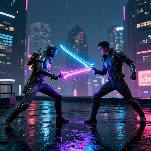 Digital artwork of two armored soldiers in a neon-lit, rainy city, dueling with glowing blue and pink lightsabers, standing on a reflective