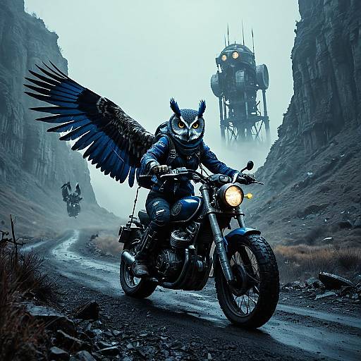 Anthropomorphic Owl Mechanic Racing Motorcycle in Foggy Ravine