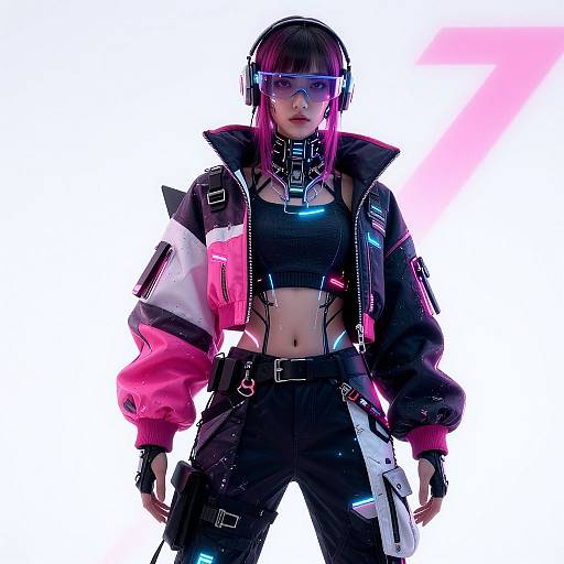 Digital art of a futuristic, cyberpunk woman with pink and black jacket, reflective visor, choker, and midriff top, standing against