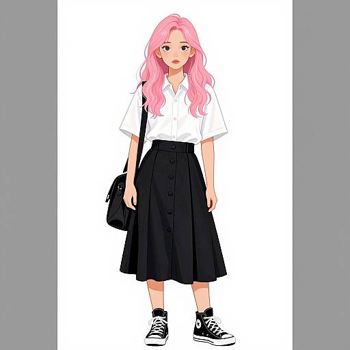 Digital anime-style drawing of a pink-haired girl with long wavy hair, wearing a white shirt, black skirt, and black sneakers, carrying a black
