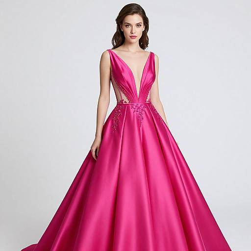 Photograph of a fair-skinned woman with dark hair, wearing a vivid pink, deep V-neck, floor-length satin ball gown with intricate floral embroidery