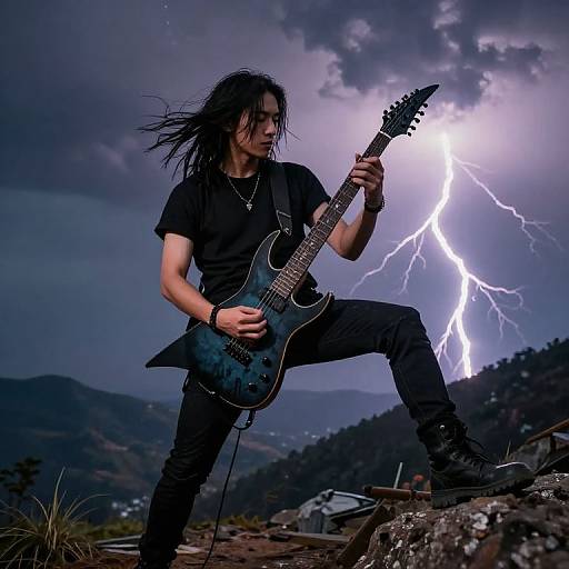 Rock musician with long black hair playing electric guitar amidst a dramatic lightning storm, wearing black clothes, on rocky terrain.