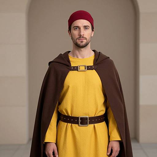 Photograph of a bearded man in medieval attire: yellow tunic, brown cape, red cap, black belt, standing in a stone archway