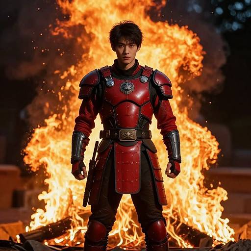Boy in Armor Amidst Fiery Flames