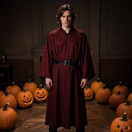 Mysterious Man Among Halloween Pumpkins