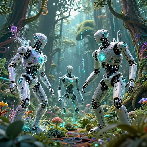 Photorealistic CGI of three glowing white humanoid robots in a lush, enchanted forest, surrounded by vibrant mushrooms and ethereal blue lights.