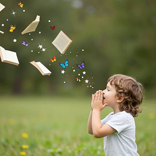 Photograph of a young boy with brown curly hair, wearing a white shirt, blowing imaginary butterflies and floating books in a green, grassy field.