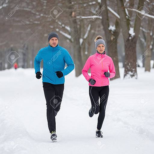 Photograph of a man and woman jogging in a snowy forest, both wearing winter gear: blue jacket, pink jacket, black pants, and gloves,