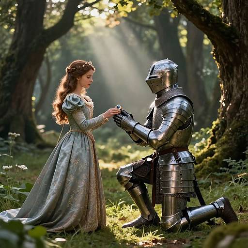 Photograph of a medieval forest scene with a fair-skinned, long-haired princess in a silver gown kneeling before a silver-armored knight kneeling on one