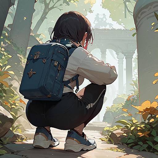 Anime Girl Squatting with Backpack