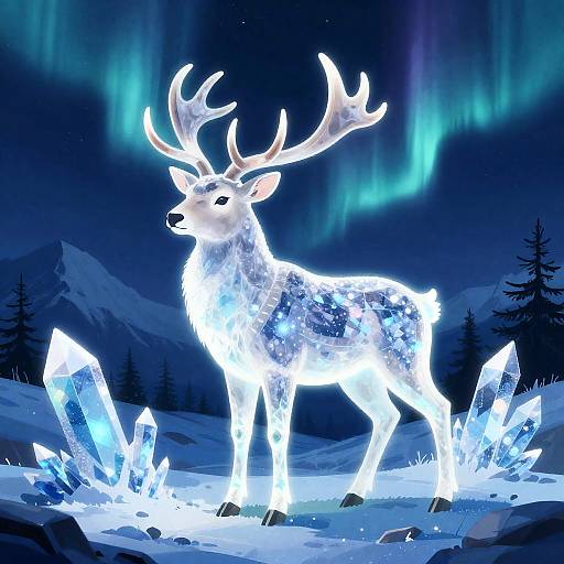 Luminescent Crystal Stag in Frosty Tundra