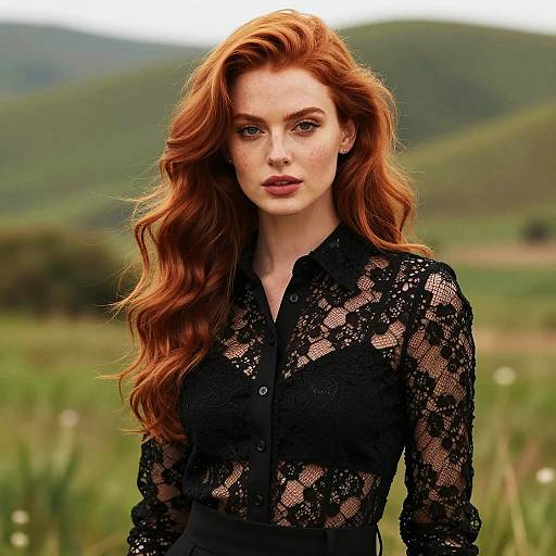 Portrait of Woman with Red Hair in Black Lace Shirt