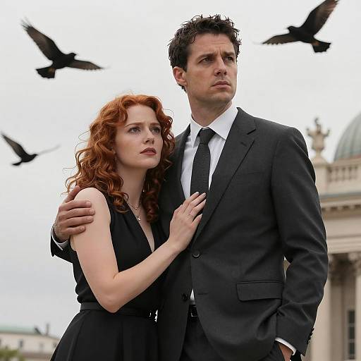 Couple in Formal Wear with Birds Flying