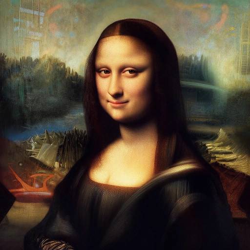 Digital artwork blending Leonardo da Vinci's Mona Lisa with modern elements, featuring a smiling woman in a dark, textured dress against a colorful, surreal landscape background