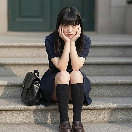 Pensive Asian Woman Sitting on Stone Steps