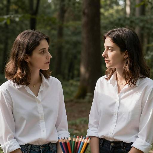 Sunlit Conversation in Forest Clearing