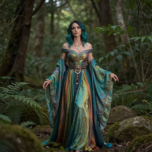 Photograph-style digital art: Elven woman with turquoise hair, off-shoulder rainbow dress, forest background, moss-covered rocks, ferns,