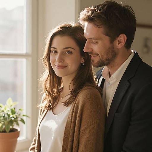 Photograph of a smiling couple; brunette woman in white top and brown cardigan, bearded man in black suit, standing close indoors.