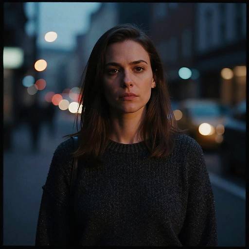 Photograph of a serious young woman with dark brown hair, wearing a gray knit sweater, standing in a blurred urban street at dusk with bokeh lights