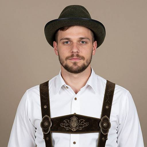 Photograph of a bearded man with light skin, wearing a black hat, white shirt, and brown leather suspenders with ornate buttons. Background