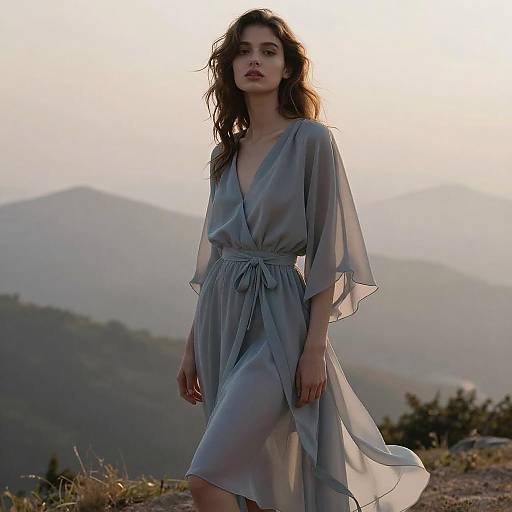 Photograph of a young woman with wavy brown hair, wearing a sheer, light blue, V-neck dress, standing against a mountainous sunset backdrop