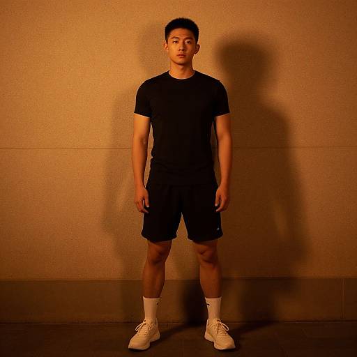 Photograph of an Asian man with short black hair, wearing a black t-shirt, black shorts, white socks, and white sneakers, standing against a