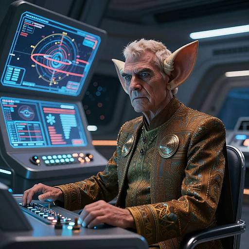 Ferengi Captain on Futuristic Starship Bridge