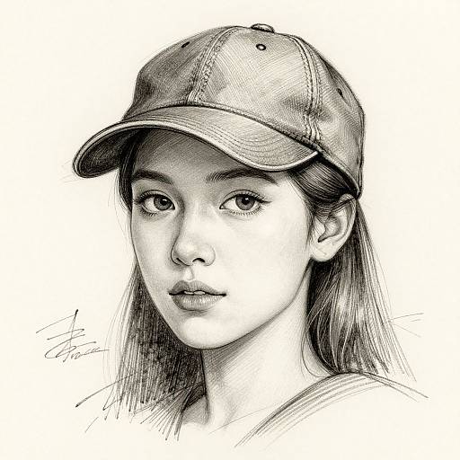 Monochrome digital sketch of a young Asian woman with long hair, wearing a baseball cap, looking directly at the viewer. Artist signature in bottom left.